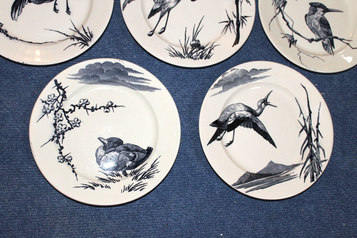 8 Lunéville Earthenware Plates, Large Birds, Keller And Guérin Period, Japanese Style, 19th Century-photo-4