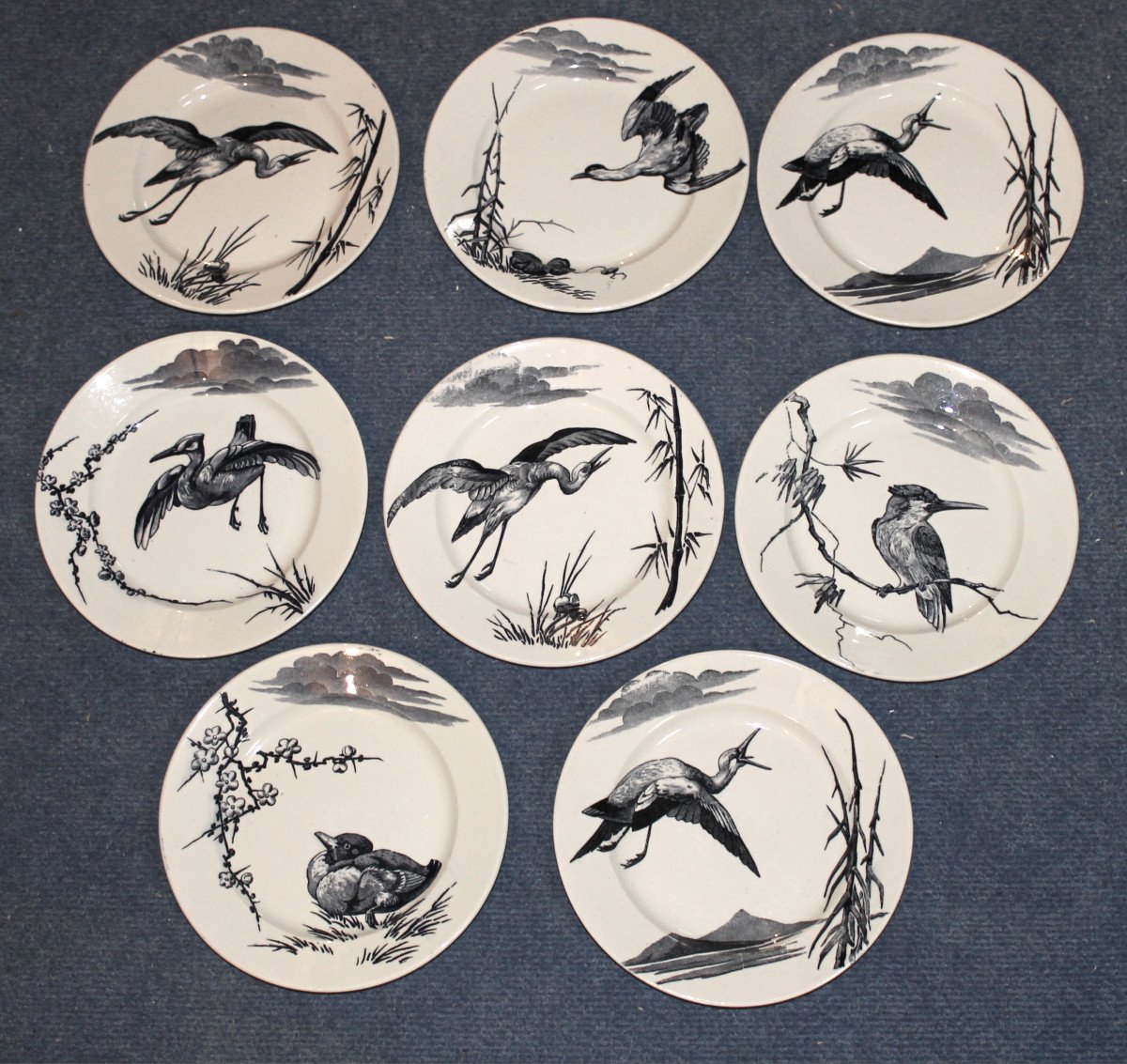 8 assiettes en faïence de Lunéville les grands oiseaux époque Keller et Guérin japonisant 19ème-photo-1