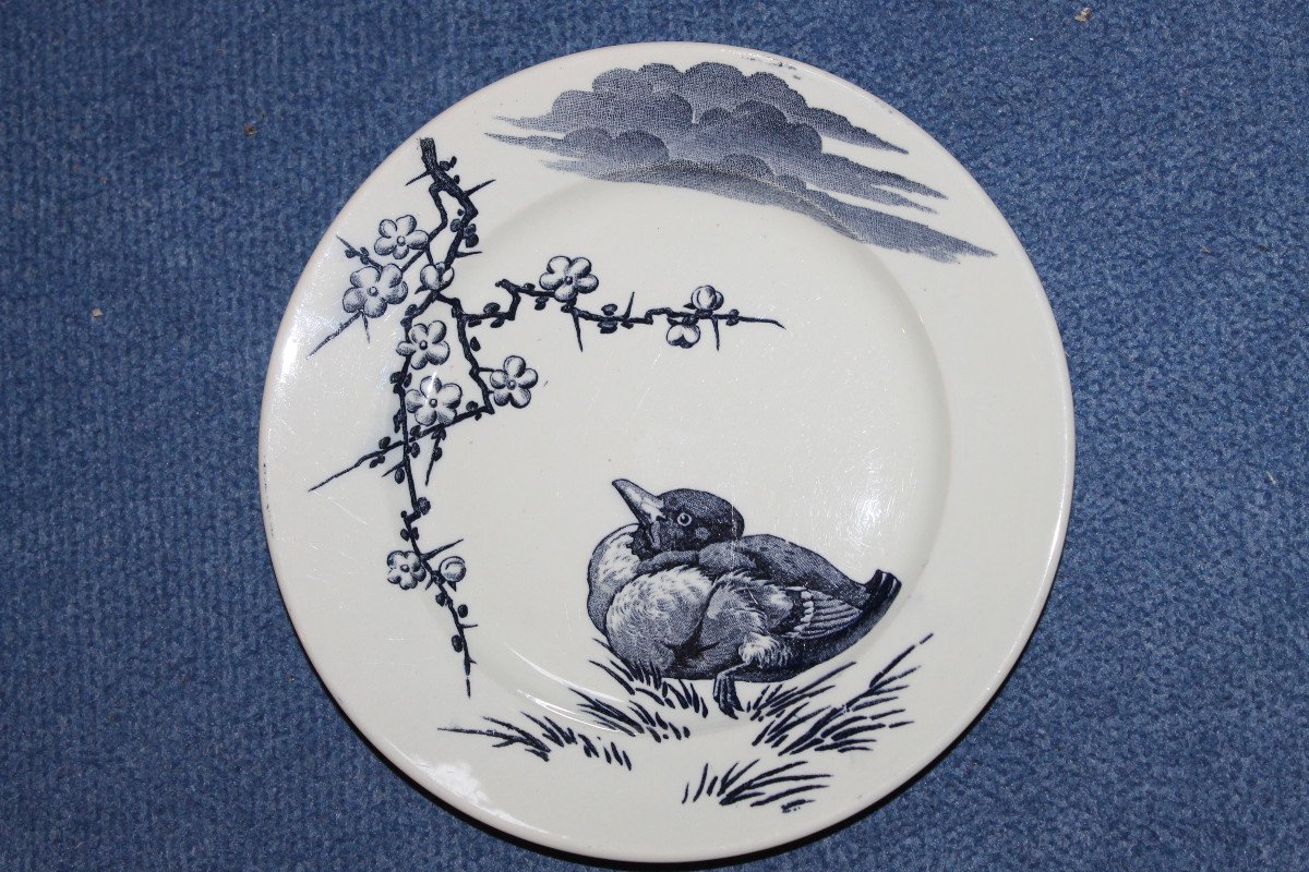 8 Lunéville Earthenware Plates, Large Birds, Keller And Guérin Period, Japanese Style, 19th Century-photo-2