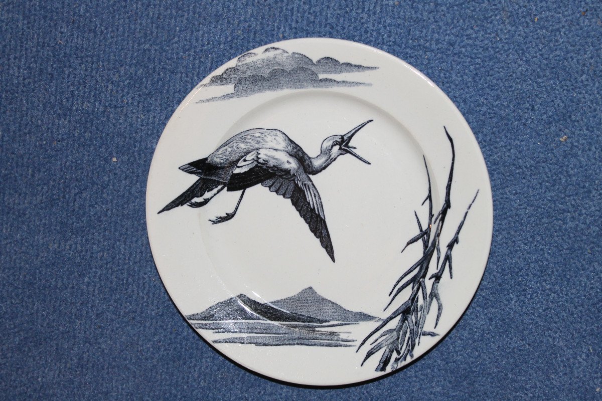 8 Lunéville Earthenware Plates, Large Birds, Keller And Guérin Period, Japanese Style, 19th Century-photo-3