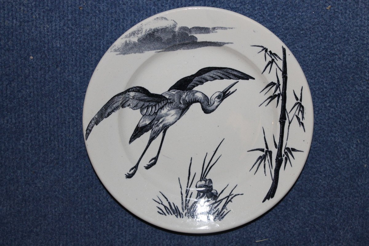 8 Lunéville Earthenware Plates, Large Birds, Keller And Guérin Period, Japanese Style, 19th Century-photo-5