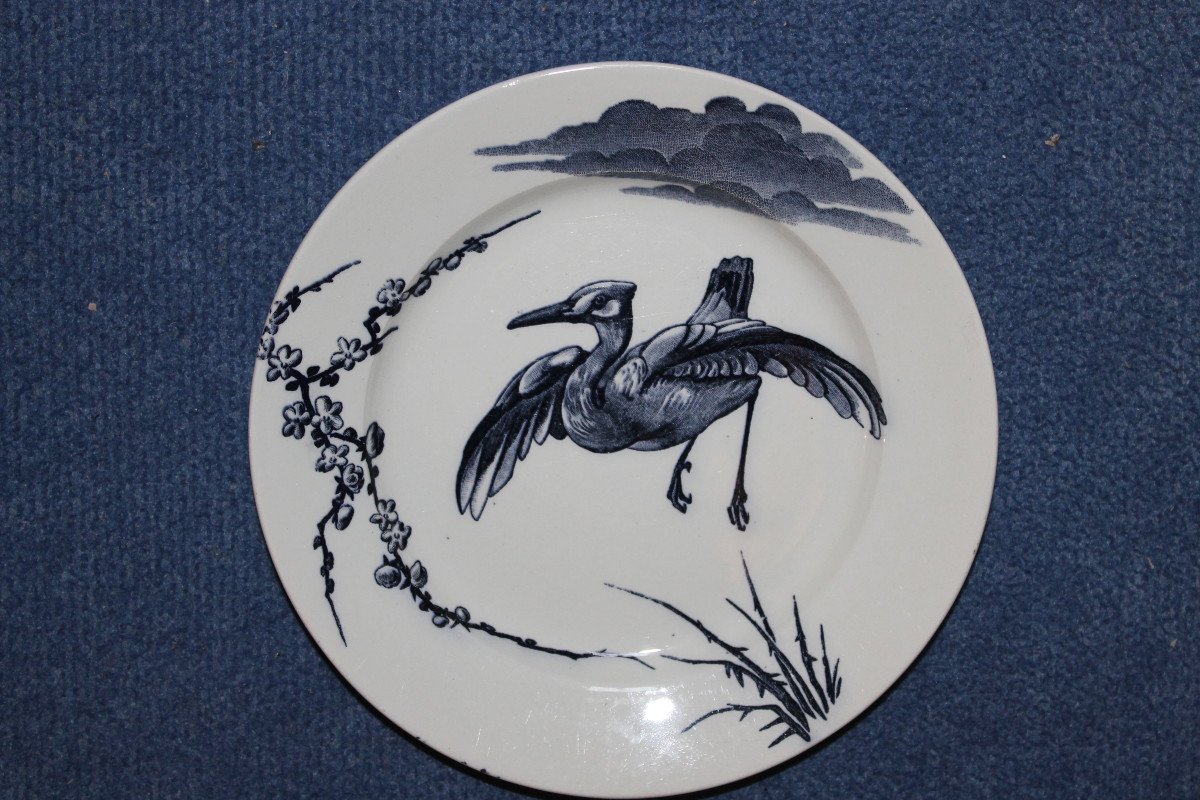 8 Lunéville Earthenware Plates, Large Birds, Keller And Guérin Period, Japanese Style, 19th Century-photo-6