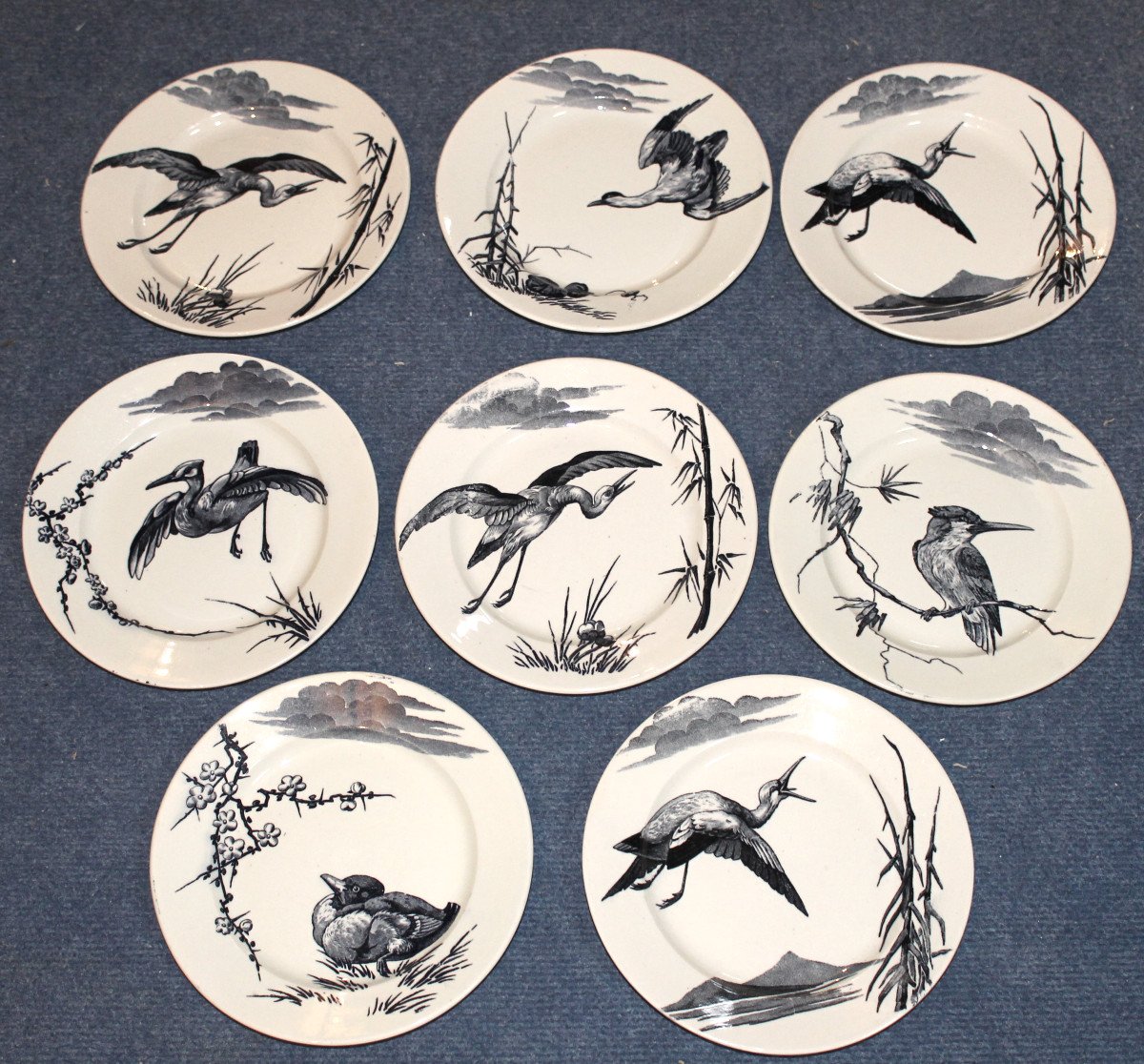 8 Lunéville Earthenware Plates, Large Birds, Keller And Guérin Period, Japanese Style, 19th Century