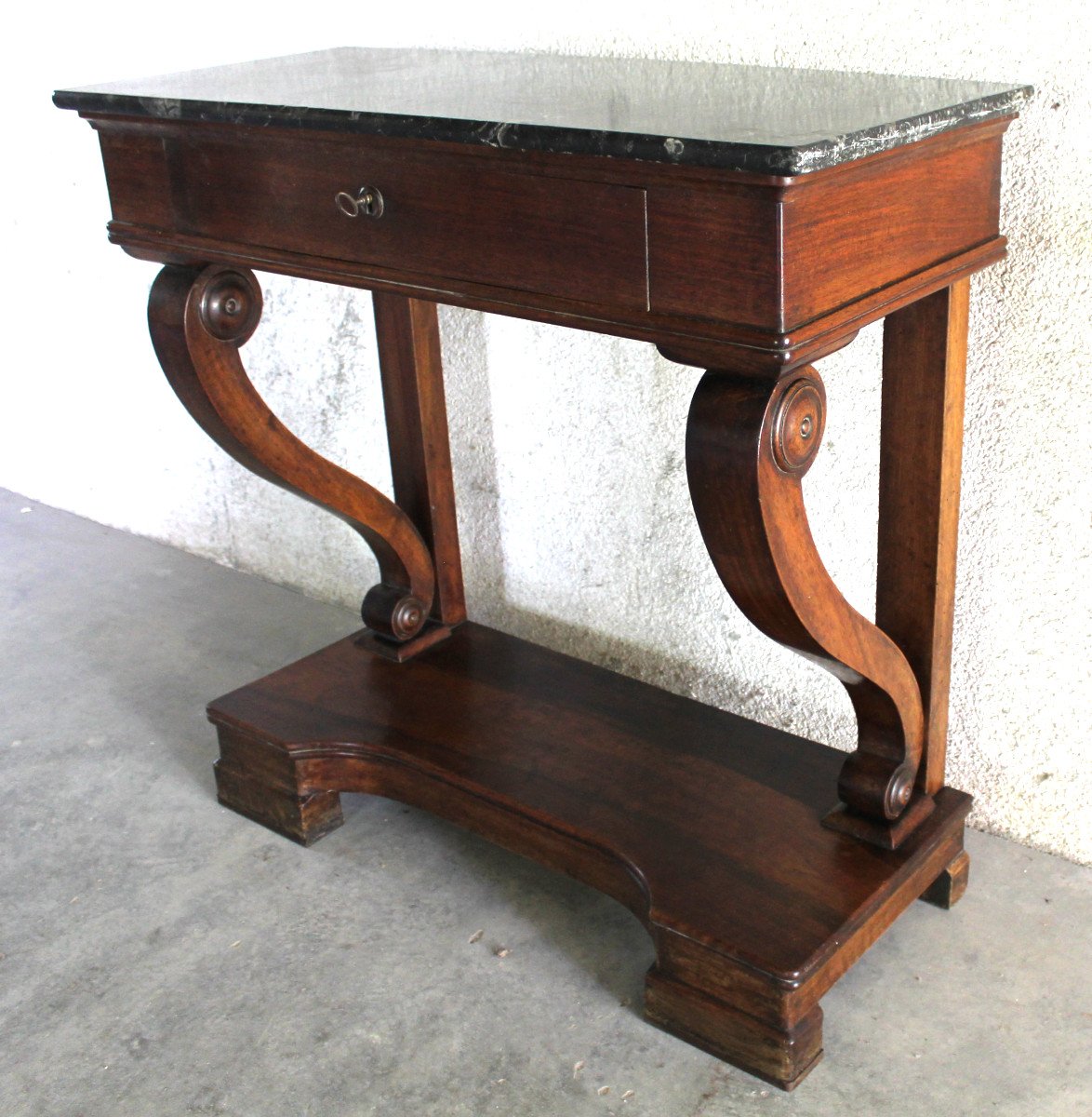 Empire Style Mahogany Console With 1 Drawer And Black Marble Top, 19th Century-photo-2