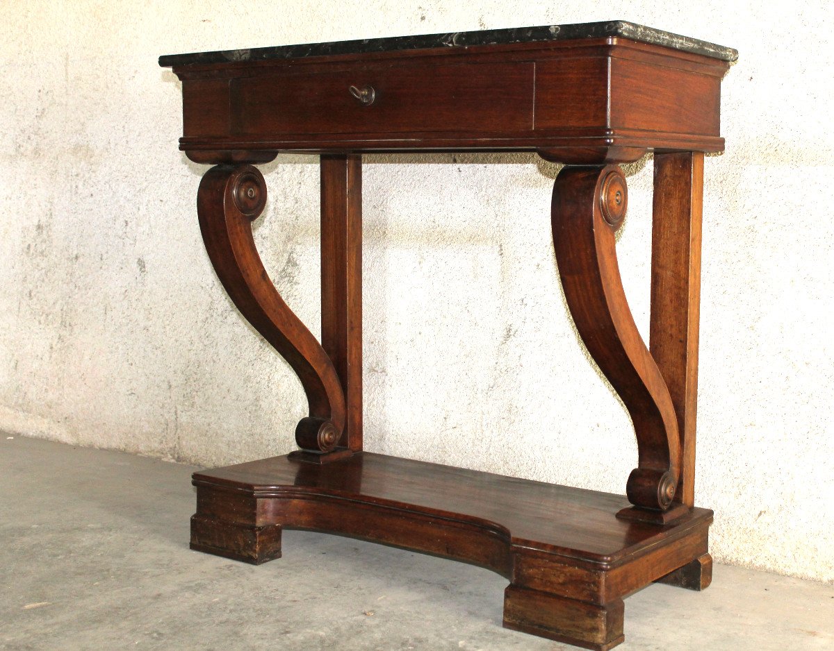 Empire Style Mahogany Console With 1 Drawer And Black Marble Top, 19th Century-photo-2