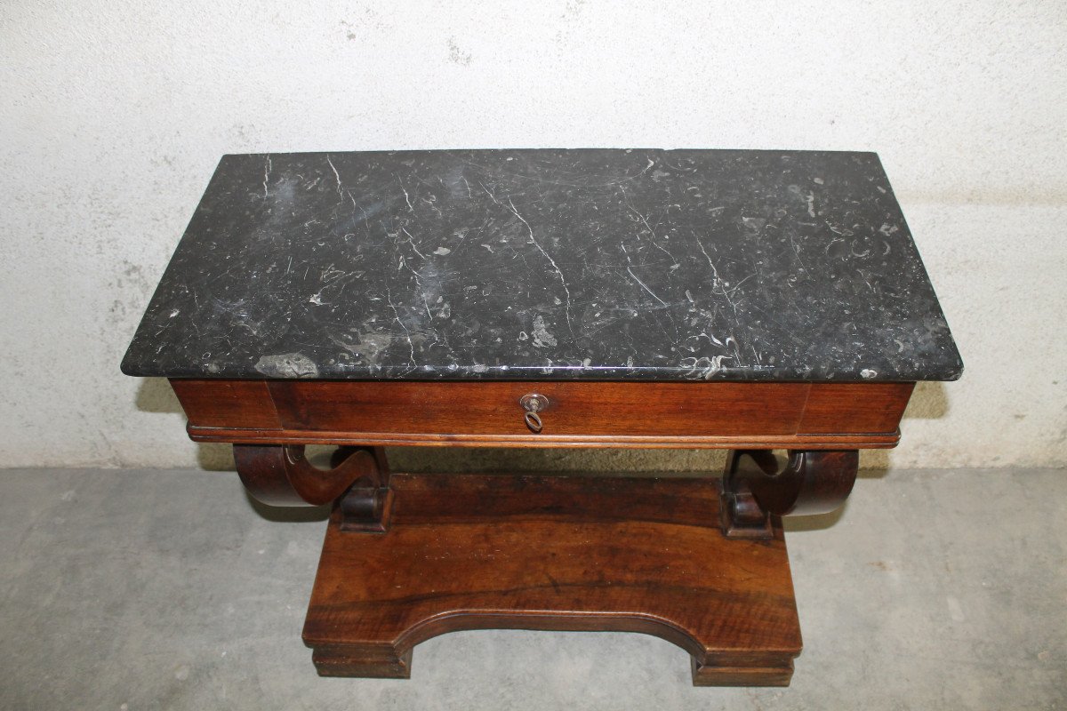 Empire Style Mahogany Console With 1 Drawer And Black Marble Top, 19th Century-photo-3