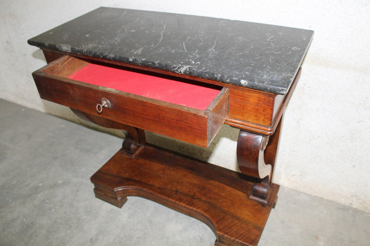 Empire Style Mahogany Console With 1 Drawer And Black Marble Top, 19th Century-photo-4