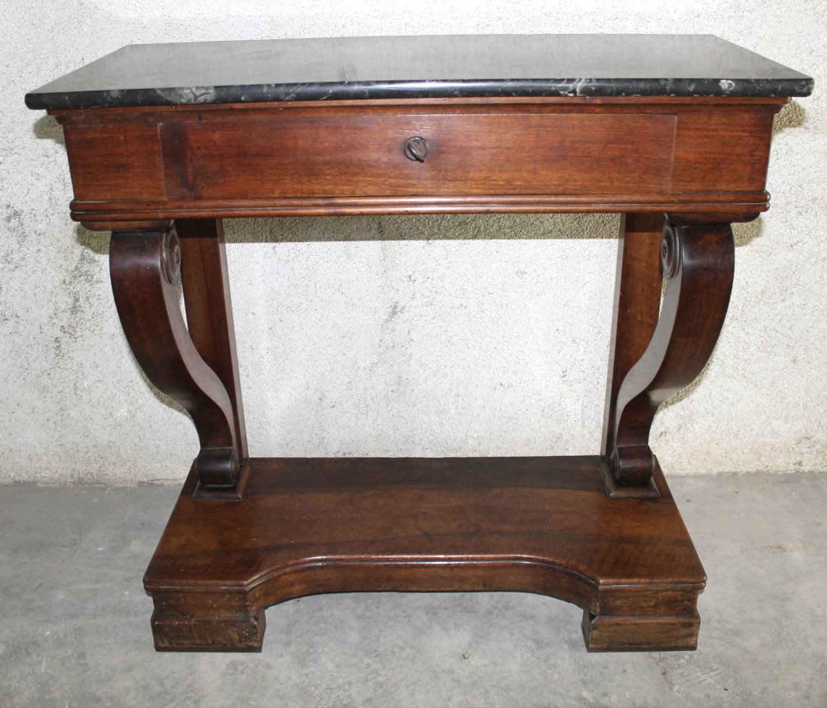 Empire Style Mahogany Console With 1 Drawer And Black Marble Top, 19th Century