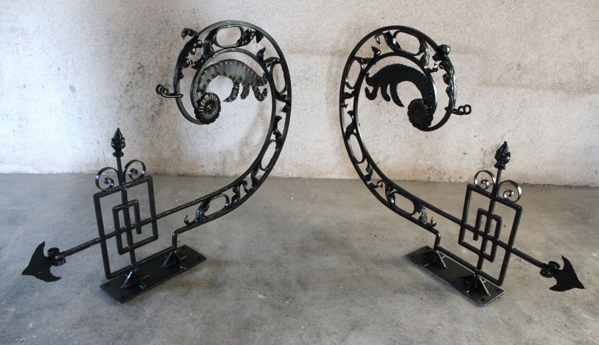 Pair Of Large Wrought Iron Gallows Decorated With Louis XVI Style Scrolls, 20th Century-photo-4