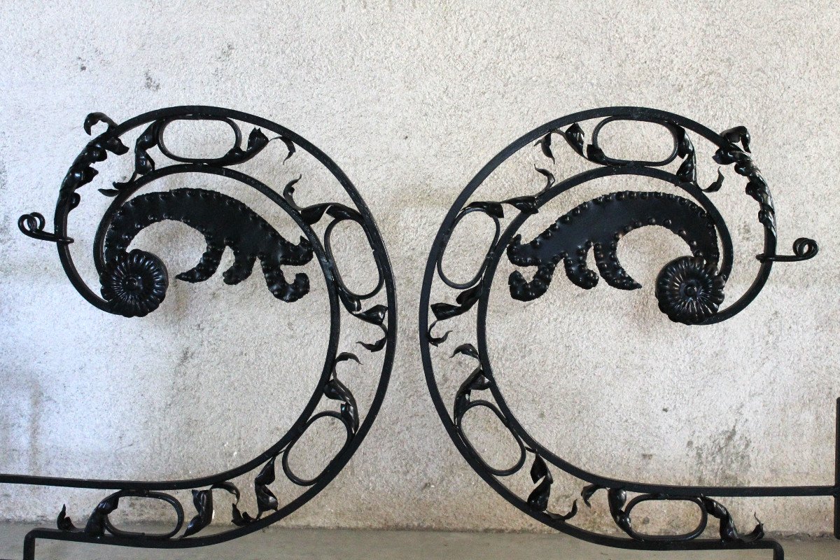 Pair Of Large Wrought Iron Gallows Decorated With Louis XVI Style Scrolls, 20th Century-photo-5