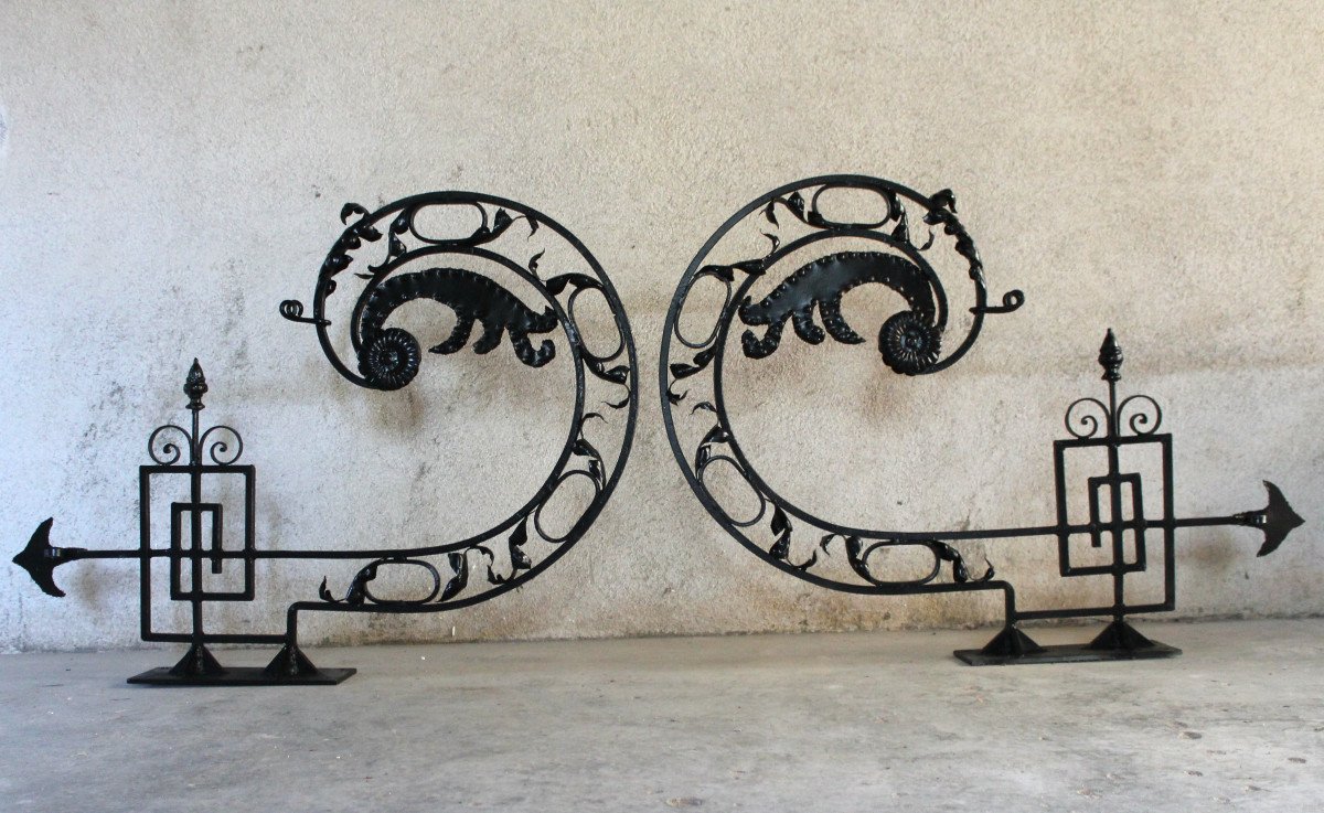 Pair Of Large Wrought Iron Gallows Decorated With Louis XVI Style Scrolls, 20th Century-photo-6