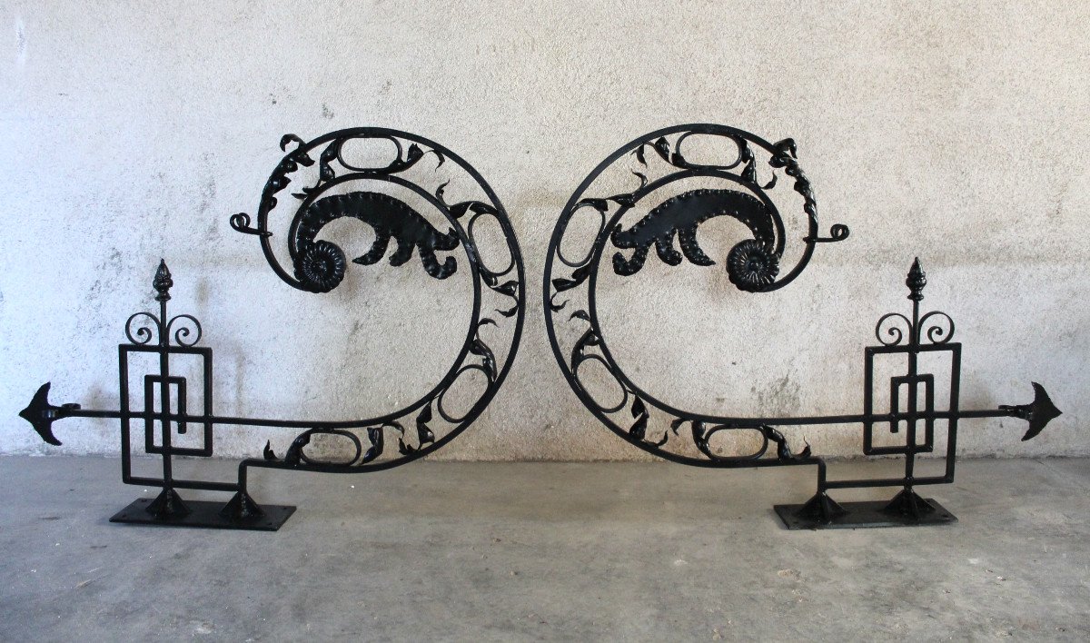 Pair Of Large Wrought Iron Gallows Decorated With Louis XVI Style Scrolls, 20th Century