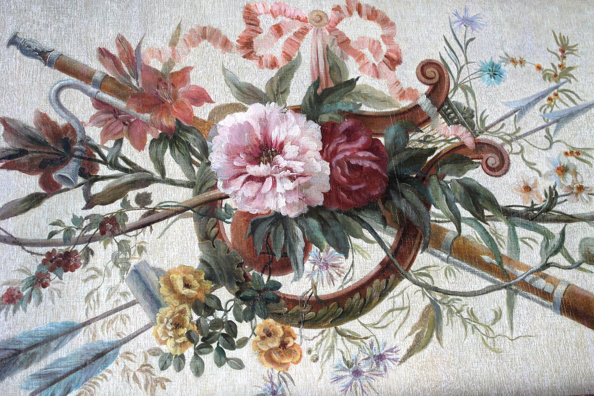 Bouquet de fleurs aux  instruments de musique Huile sur toile de style Louis XVI époque 19ème-photo-3