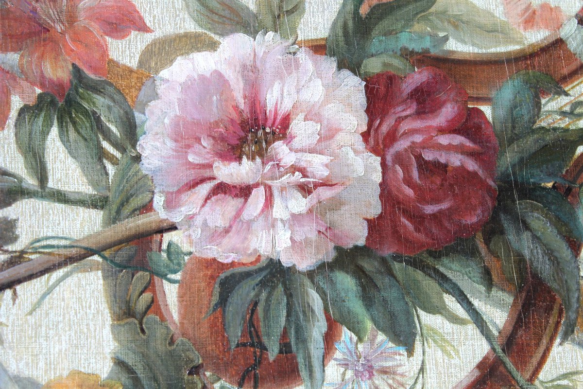 Bouquet de fleurs aux  instruments de musique Huile sur toile de style Louis XVI époque 19ème-photo-4