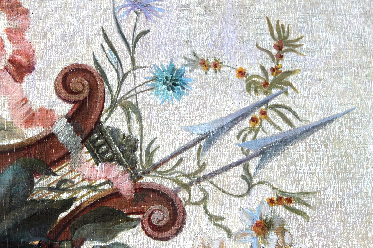 Bouquet de fleurs aux  instruments de musique Huile sur toile de style Louis XVI époque 19ème-photo-1