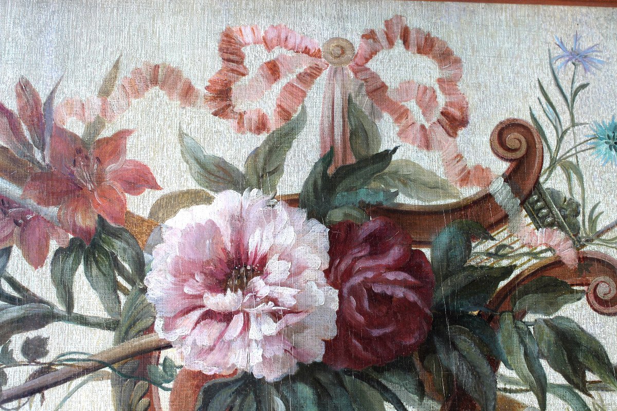 Bouquet de fleurs aux  instruments de musique Huile sur toile de style Louis XVI époque 19ème-photo-2