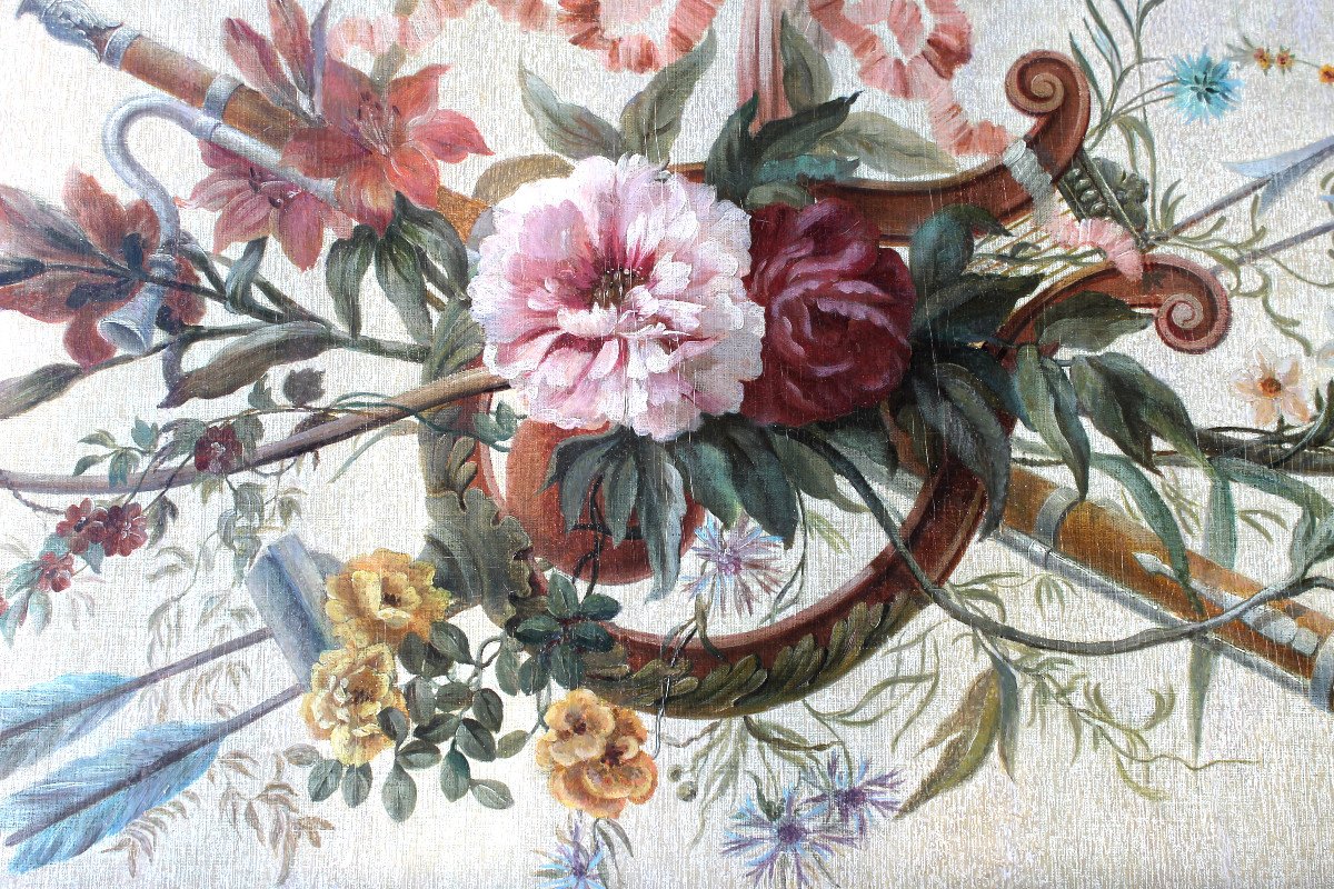 Bouquet de fleurs aux  instruments de musique Huile sur toile de style Louis XVI époque 19ème-photo-3