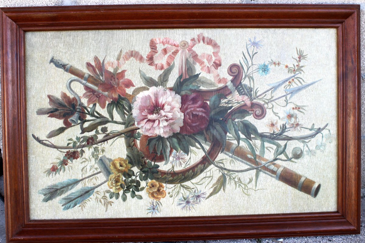 Bouquet de fleurs aux  instruments de musique Huile sur toile de style Louis XVI époque 19ème-photo-6