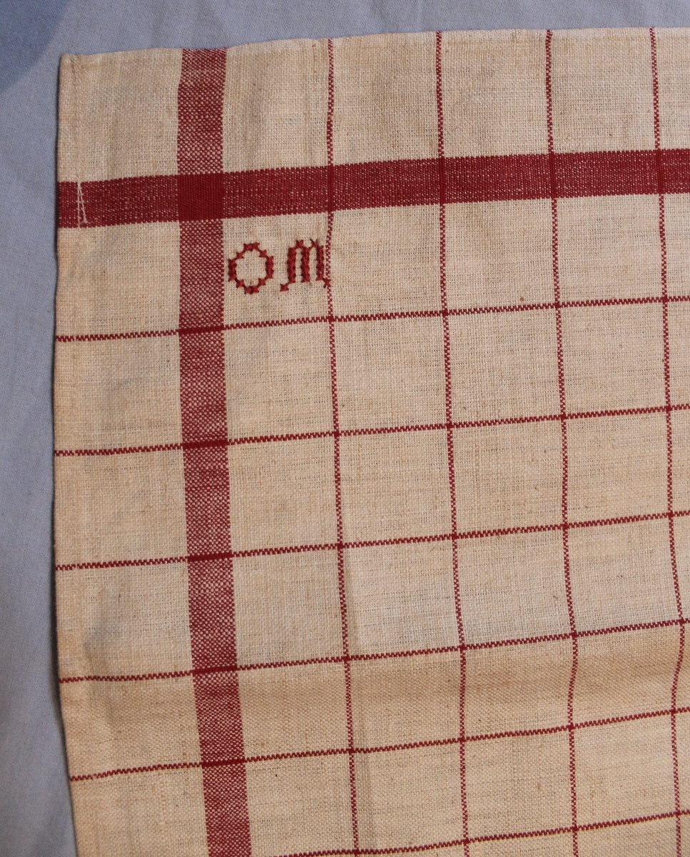 6 Red Checked And Striped Tea Towels With Hanging Ties, Early 20th Century-photo-2