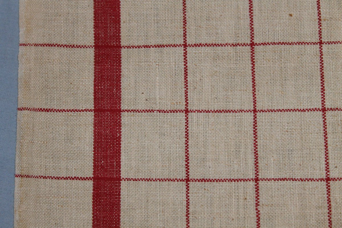 6 Red Checked And Striped Tea Towels With Hanging Ties, Early 20th Century-photo-4