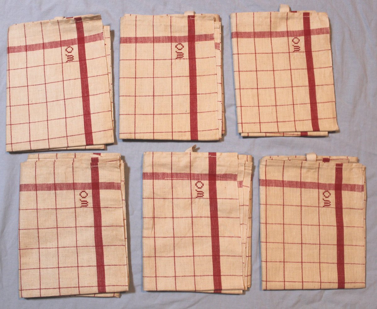 6 Red Checked And Striped Tea Towels With Hanging Ties, Early 20th Century-photo-5