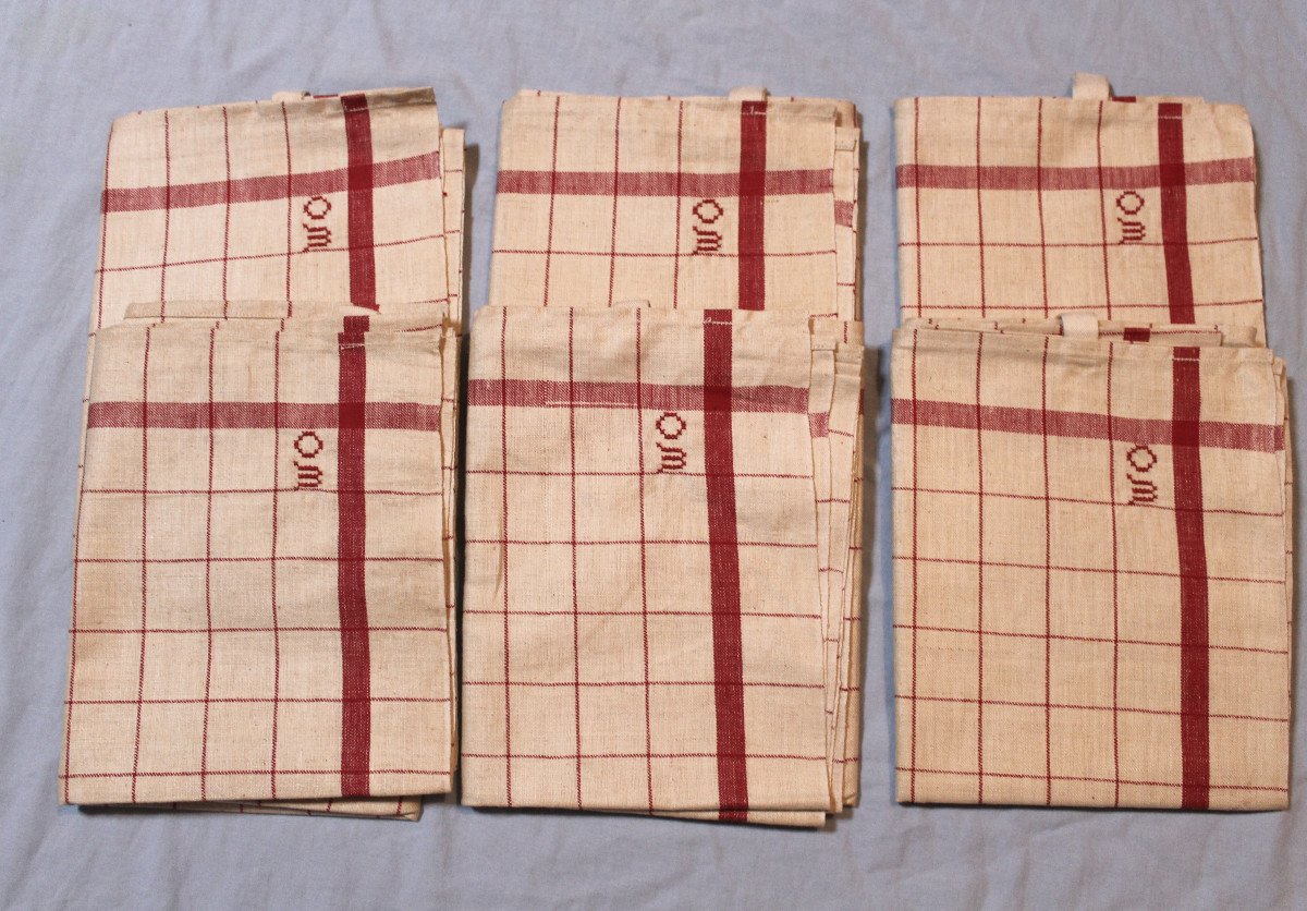 6 Red Checked And Striped Tea Towels With Hanging Ties, Early 20th Century-photo-6