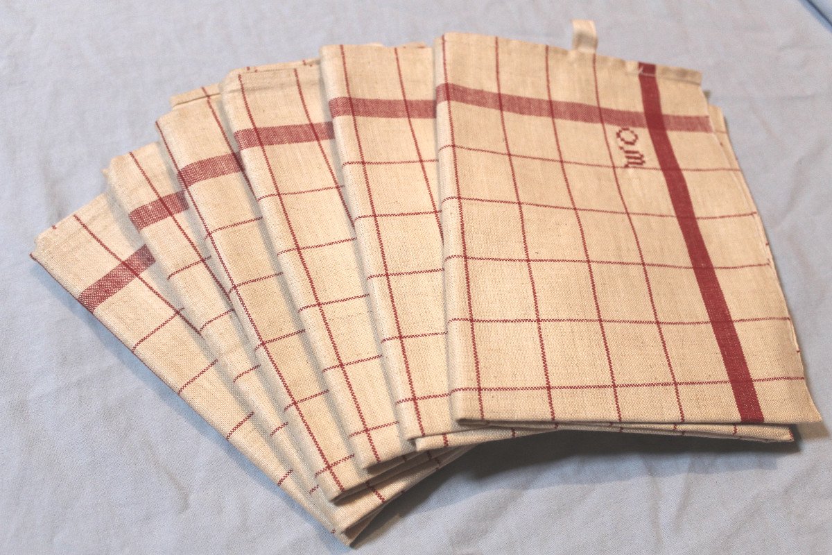 6 Red Checked And Striped Tea Towels With Hanging Ties, Early 20th Century-photo-7