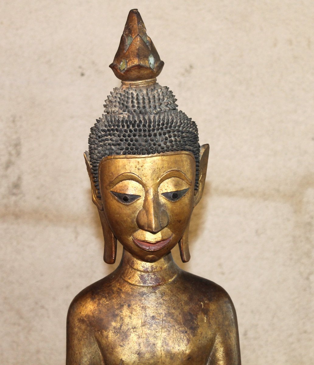 Standing Burmese Buddha In Gilded Wood, 20th Century-photo-2