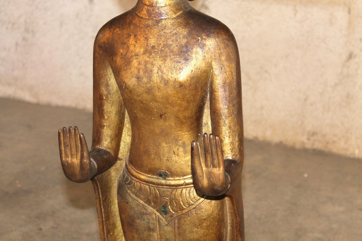 Standing Burmese Buddha In Gilded Wood, 20th Century-photo-3