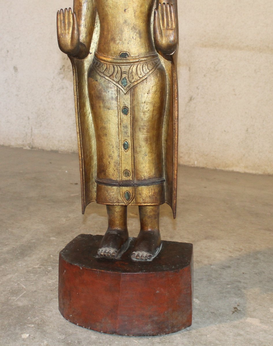 Standing Burmese Buddha In Gilded Wood, 20th Century-photo-4