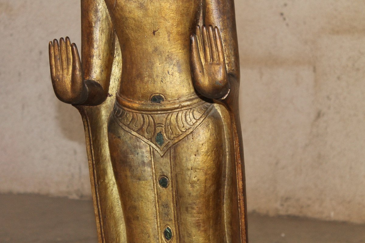 Standing Burmese Buddha In Gilded Wood, 20th Century-photo-1