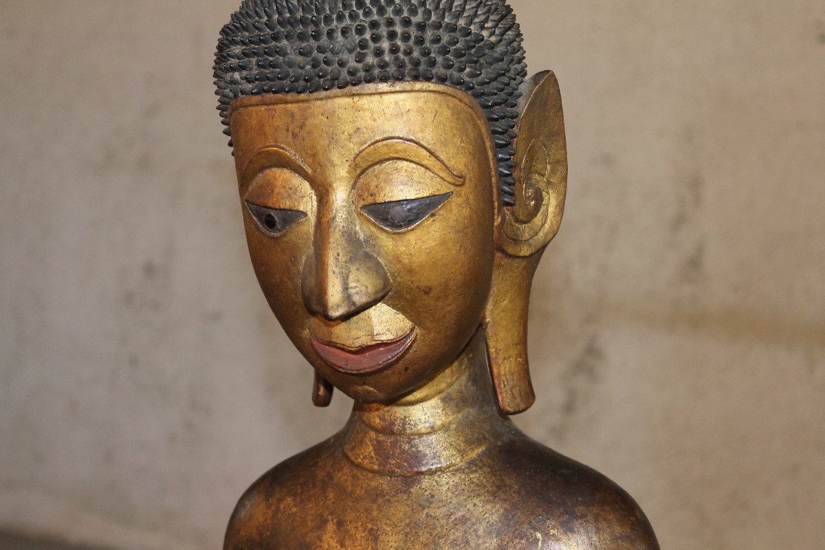 Standing Burmese Buddha In Gilded Wood, 20th Century-photo-2