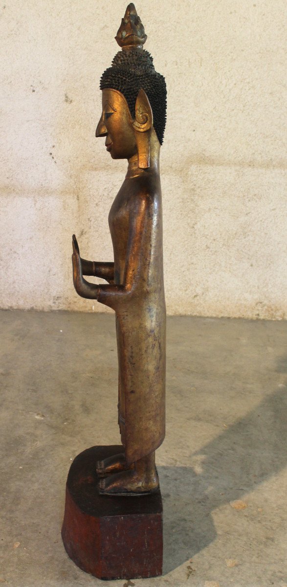 Standing Burmese Buddha In Gilded Wood, 20th Century-photo-4