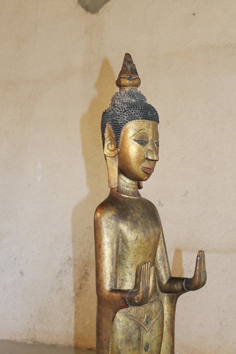 Standing Burmese Buddha In Gilded Wood, 20th Century-photo-7