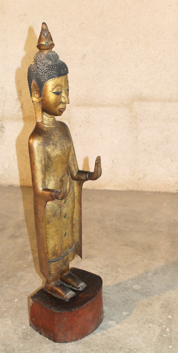 Standing Burmese Buddha In Gilded Wood, 20th Century-photo-8