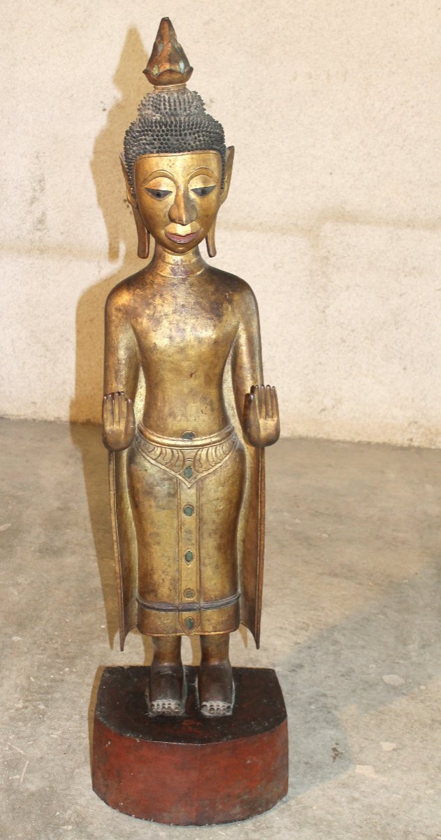 Standing Burmese Buddha In Gilded Wood, 20th Century