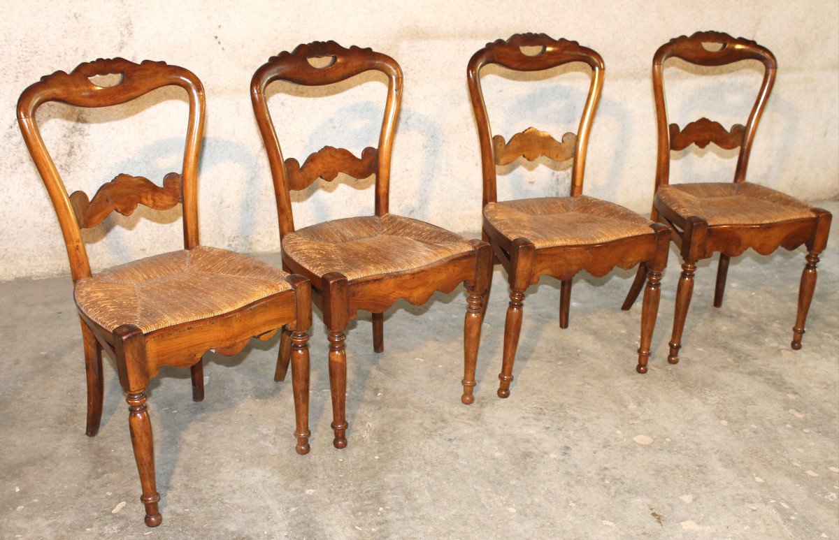 Set Of 4 Cherry Straw Chairs, 19th Century Restoration Period