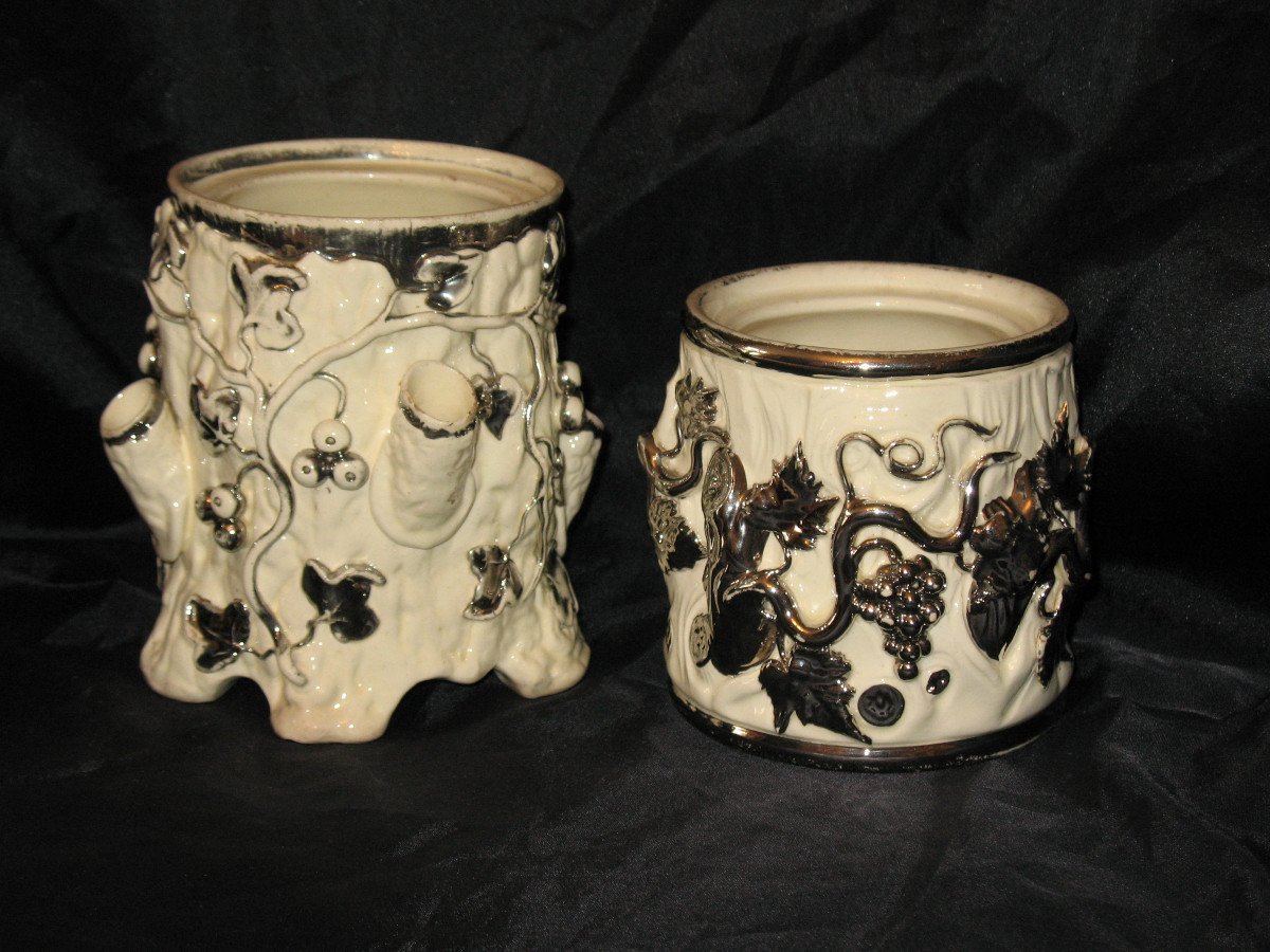 2 Langeais Earthenware Tobacco Pots Decorated With Berries And Grapes, 19th Century-photo-2