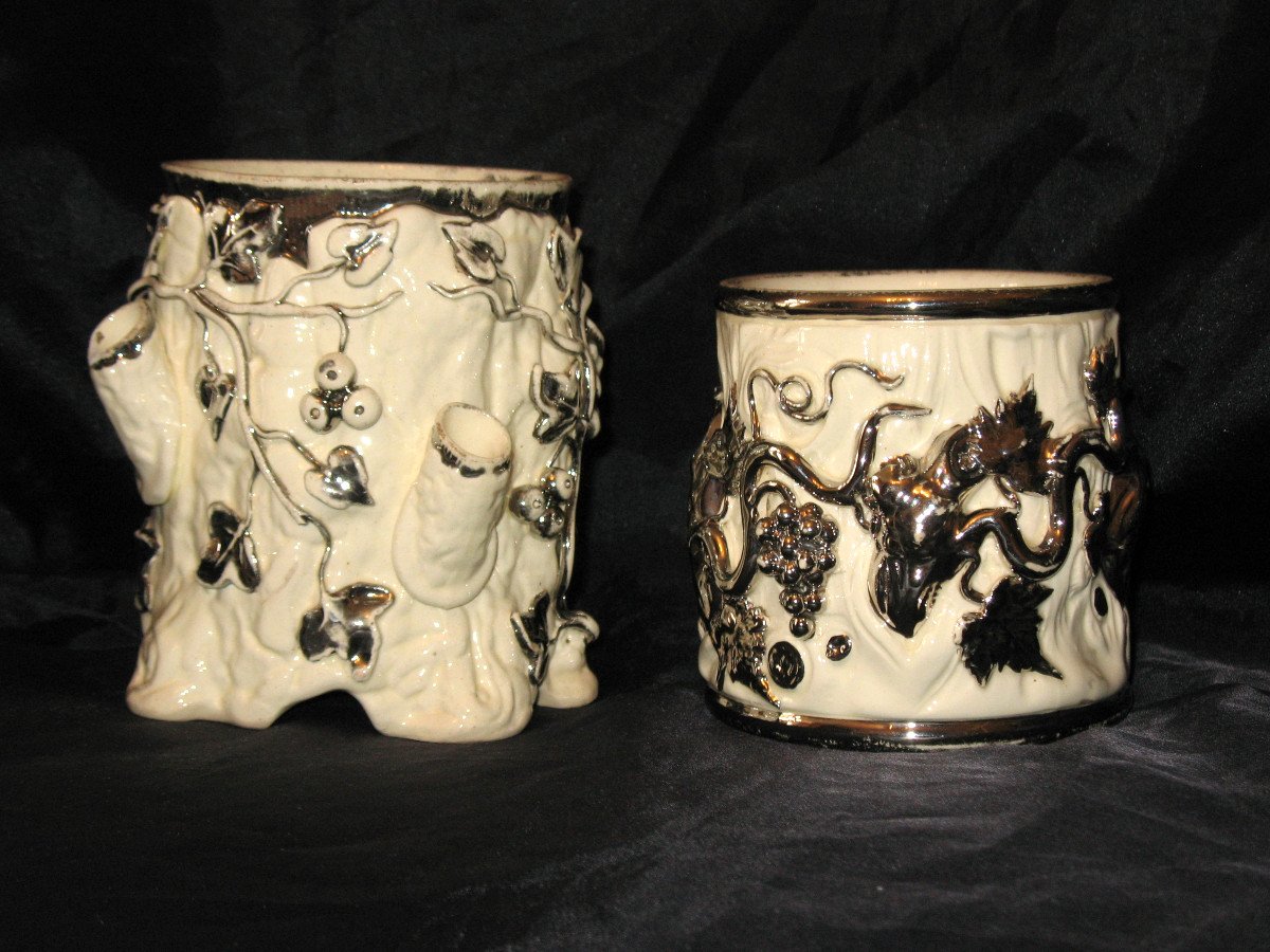 2 Langeais Earthenware Tobacco Pots Decorated With Berries And Grapes, 19th Century