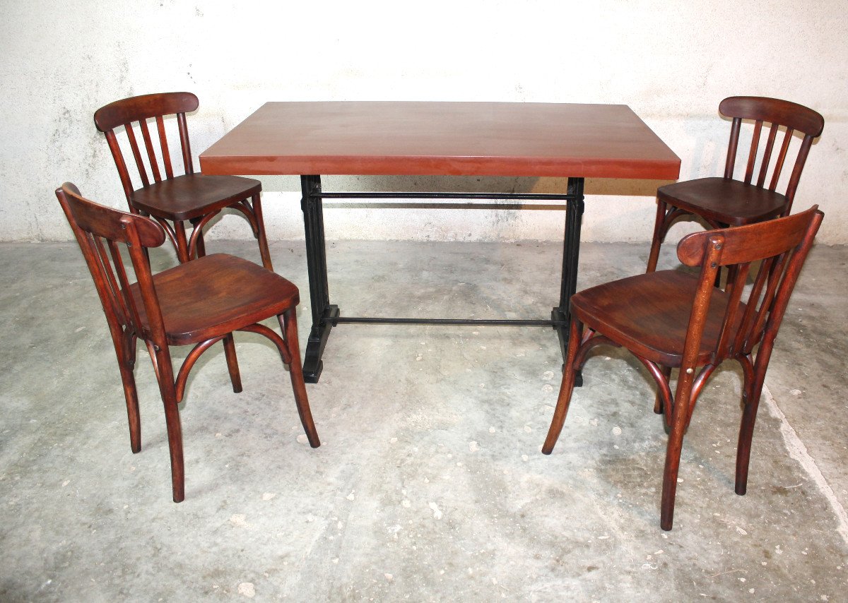 Bistro Table With Bakelite Top And 4 Beech Chairs From The Art Deco Period