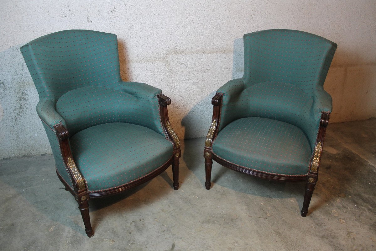 Pair Of Louis XVI Style Mahogany Bergere Chairs, 19th Century-photo-2