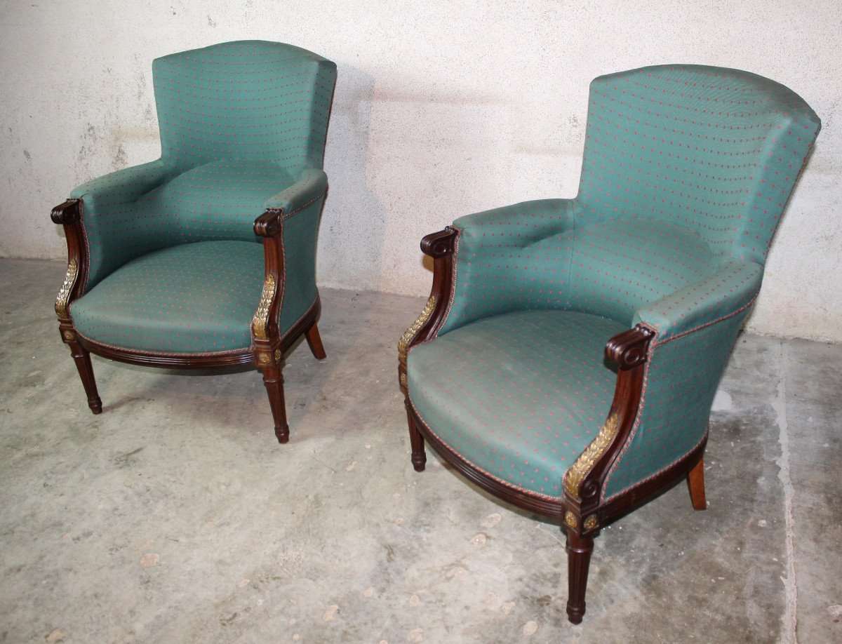 Pair Of Louis XVI Style Mahogany Bergere Chairs, 19th Century-photo-8