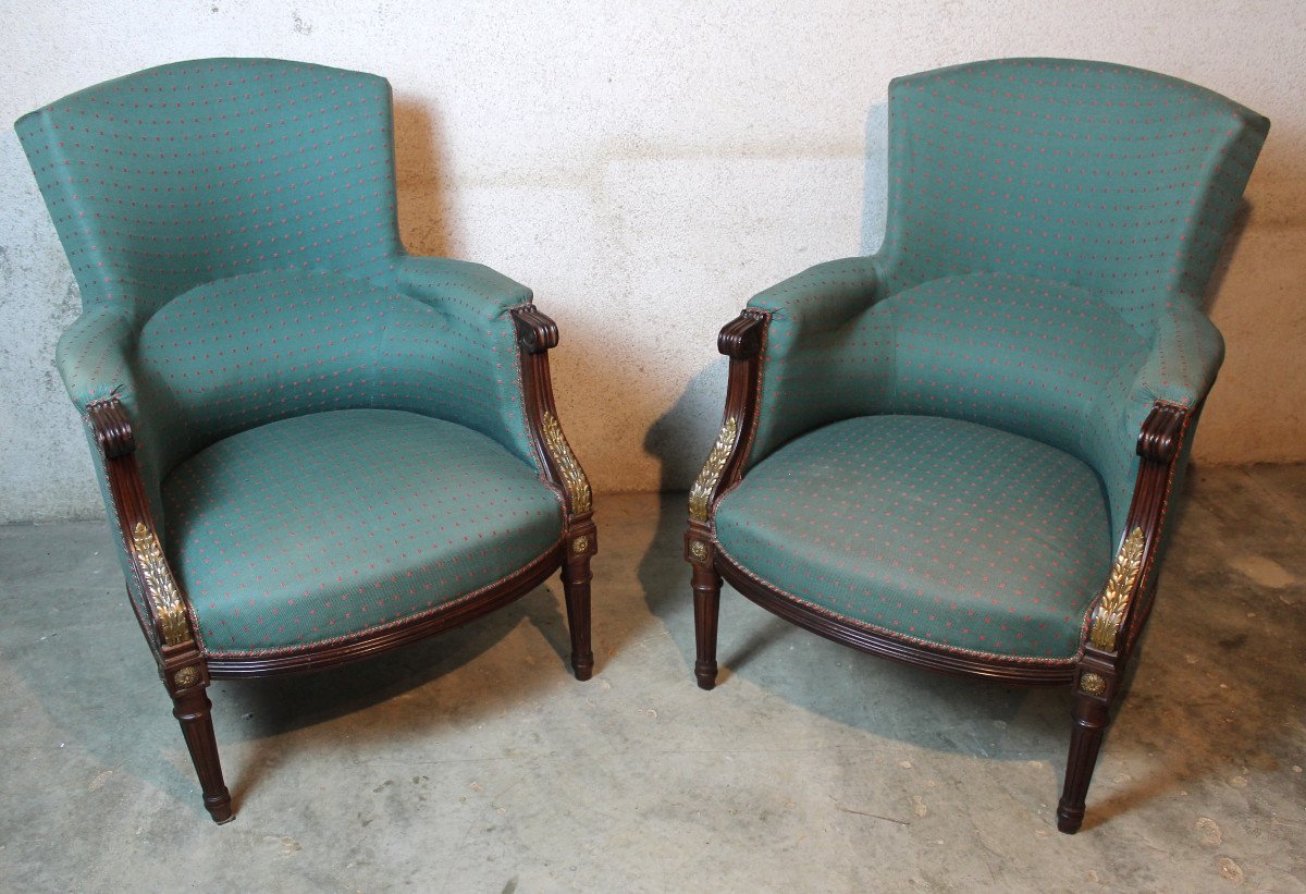 Pair Of Louis XVI Style Mahogany Bergere Chairs, 19th Century