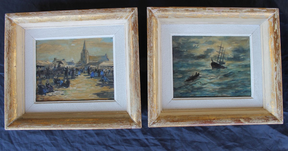 Pair Of Watercolors Of Brittany: Seascape And Exit From Mass Signed Davy, 20th Century-photo-3