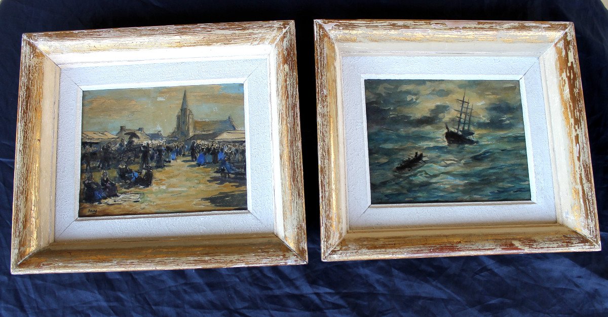 Pair Of Watercolors Of Brittany: Seascape And Exit From Mass Signed Davy, 20th Century-photo-4