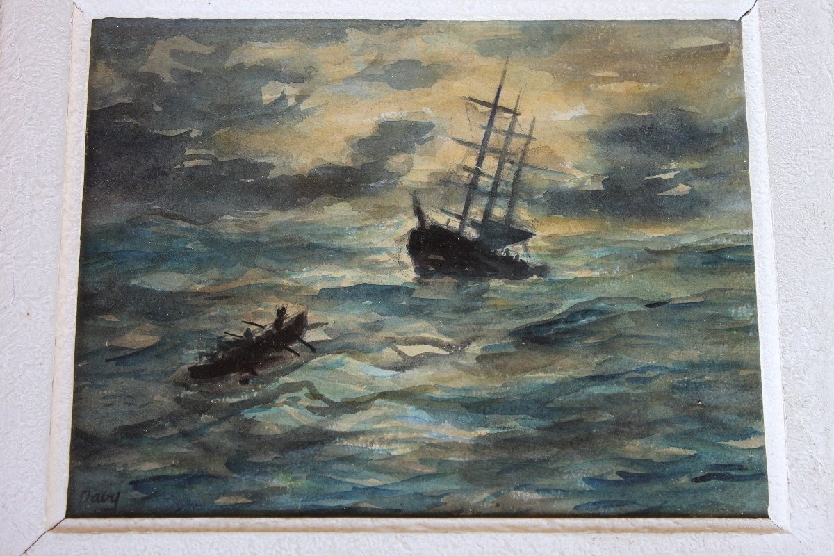 Pair Of Watercolors Of Brittany: Seascape And Exit From Mass Signed Davy, 20th Century-photo-2