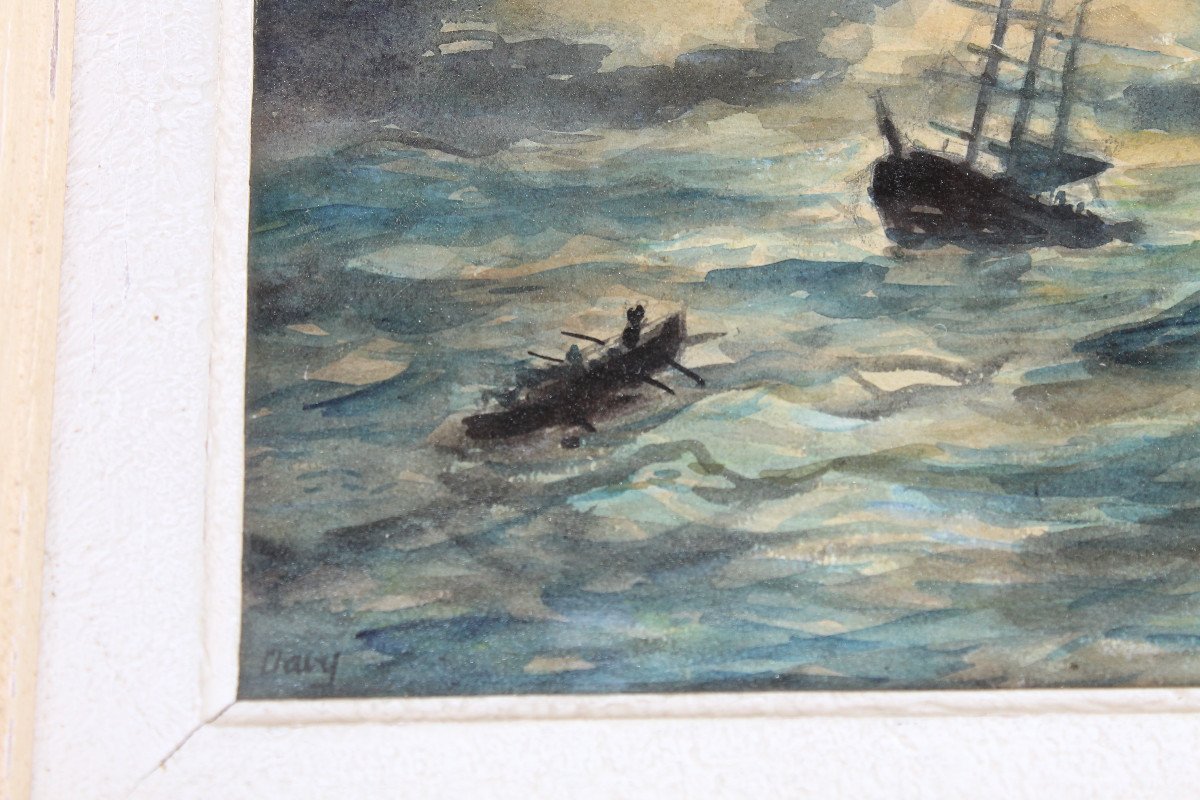 Pair Of Watercolors Of Brittany: Seascape And Exit From Mass Signed Davy, 20th Century-photo-3