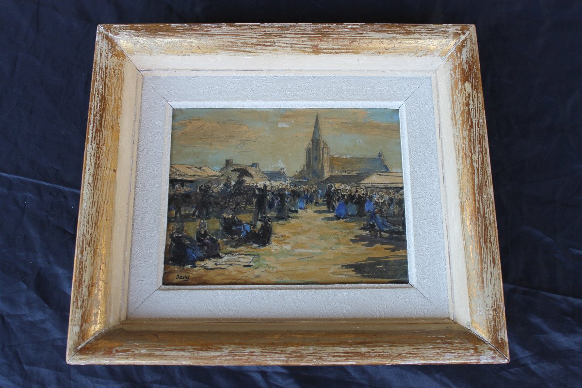 Pair Of Watercolors Of Brittany: Seascape And Exit From Mass Signed Davy, 20th Century-photo-6