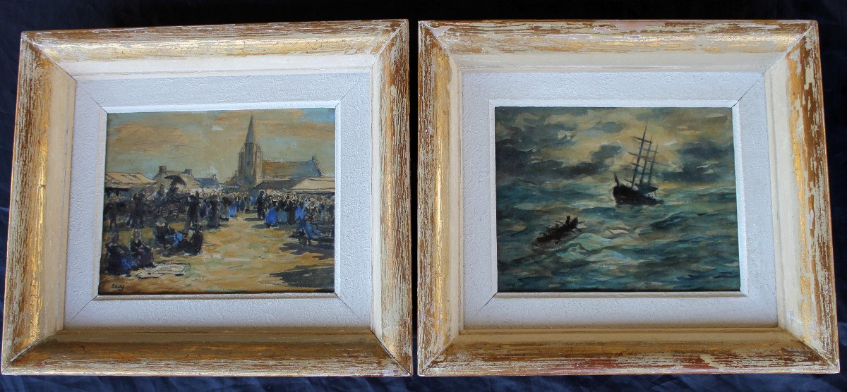 Pair Of Watercolors Of Brittany: Seascape And Exit From Mass Signed Davy, 20th Century