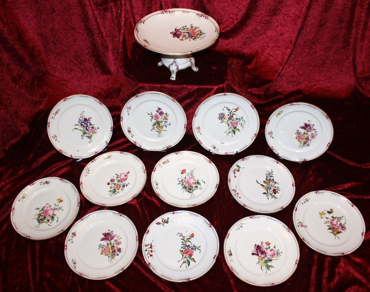 Dessert Service In Fine Lunéville Earthenware With Saxon Flower Decoration, 19th Century